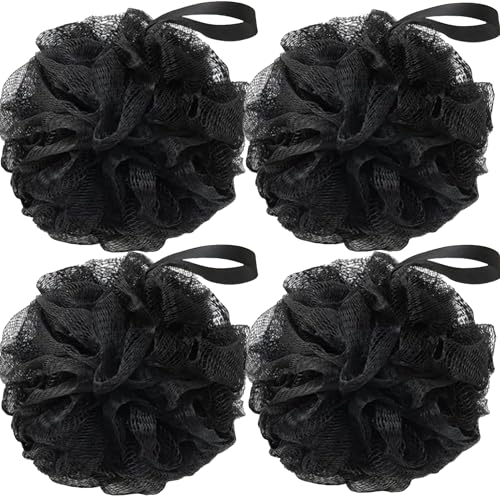 Loofah Sponges for Shower,Exfoliating Cleaning Bath Loofa Body Scrubber Balls for Women Men Washing,All Black 4 Pack - color: Black, size: 1 Count (Pack of 4)
