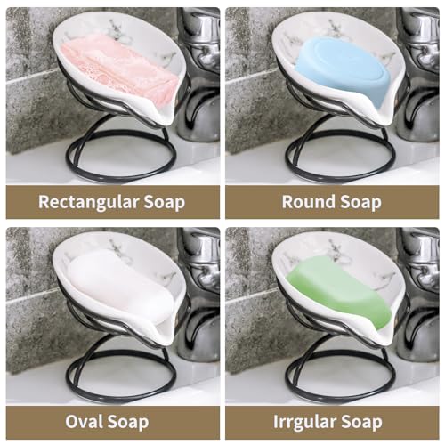 Dobbyby Leaf-Shaped Soap Dish – Ceramic Soap Bar Holder with Self-Drainage System – Bar Soap Holder for Shower, Bathroom Sink, Kitchen – Soap Dish with Stainless Steel Stand (White-Black-2 Pack) - color: White-black-2 Pack