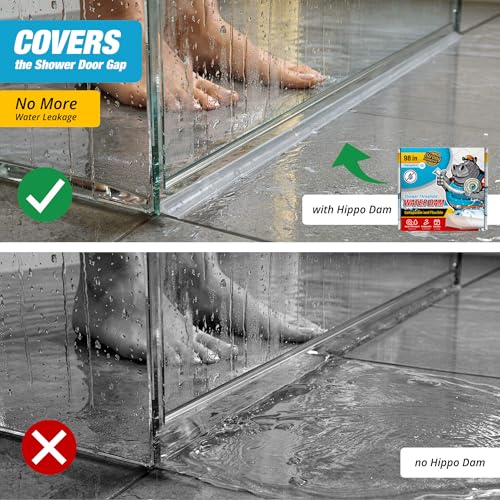 Shower Threshold Water Dam Barrier 98" - Transparent Collapsible Walk in Shower Water Guard - Door Bottom Seal Strip Leak Guard by Hippo Dam - color: Transparent, style: 98