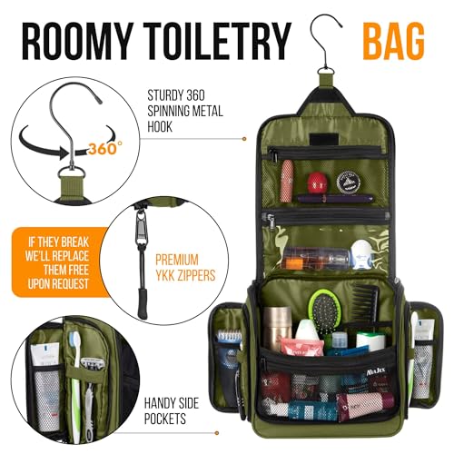 Travel Toiletry Bag for Men and Women - (10.6”x10.6”x3.2”) Large Hanging Toiletry Organizer - Waterproof Hygiene Bag with Metal XXL Swivel Hook, with Sturdy Zippers and 19 Compartments for Toiletries - color: L Forest Green
