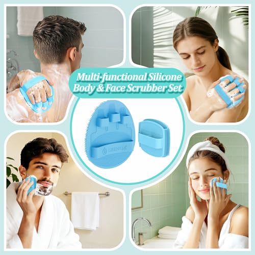 Silicone Bath Glove & Face Scrubber Set 2PCS, 360° Anti-Slip & Hand-fit Body Scrubber for Rich Foaming Deep Cleaning, Unique Facial Scrubber with Side-bristles for Contoured Areas.(Blue) - color: Blue Set