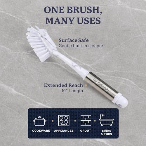 Farberware Dish Brush with Handle, 2 Pack, Firm Bristles | Kitchen scrub brush and dish scrubber removes grease, reaches pot and pan edges, 10in, rectangle head, scraper tip - color: White Marble Rectangular