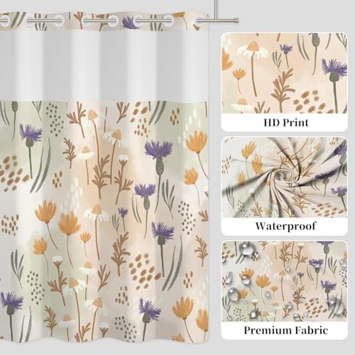 No Hook Wildflower Shower Curtain with Snap in Liner, 71x74 Inch | Neutral Floral Pattern Shower Curtains for Bathroom, Mesh Top Window Waterproof Washable Fabric - color: Wildflowers-a