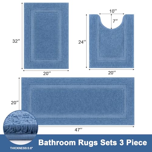 SHACOS Blue Bathroom Rugs Sets 3 Piece Bath Mat U Shaped Toilet Rug | 20x47+ 20x32+ 20x24, Soft Fluffy Microfiber Bath Rugs Set, Non Slip Washable Absorbent Bathroom Runner Floor Mats Shower Rug - color: Blue, size: 20"x32"+ 20"x47"+U Shape 20"x24"