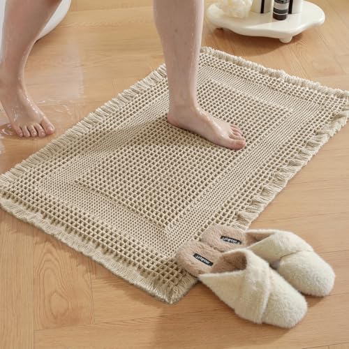 Waffle Bath Mat - Super Water Absorbing Bath Mat Quick Dry, Bathroom Rugs Non Slip Washable with Tassels, Rubber Backed Bathroom Mat for Bathroom Floor, Tub and Shower, 20" x 32", Brown - color: Brown, size: 20" x 32"