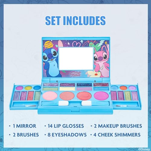 Stitch All-in-One Kids Cosmetic Compact Set Includes Washable Lip Gloss, Eye Shimmer, Cheek Shimmer, Brushes Colorful Portable Beauty Set for Girls, Tweens, by Townley Girl