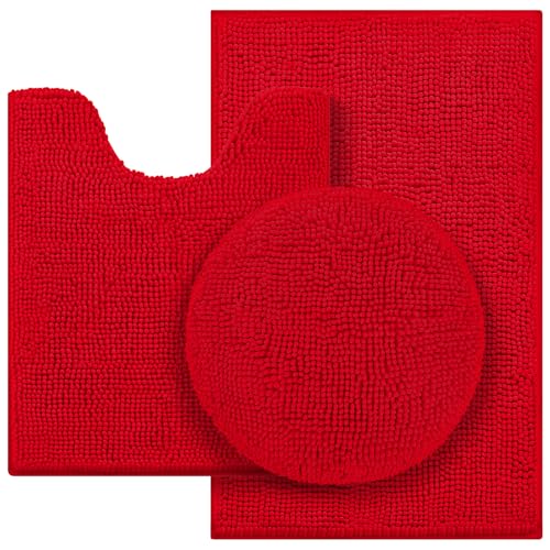 HOMEIDEAS 3 Pieces Red Bathroom Rugs Set, Ultra Soft Non Slip Bath Rug and Absorbent Chenille Bath Mat, Includes U-Shaped Contour Rug, Bath Mat and Toilet Lid Cover, Perfect for Bathroom, Tub - color: Red, size: 20"x32"+U 20"x24"+Cover 18"x21"