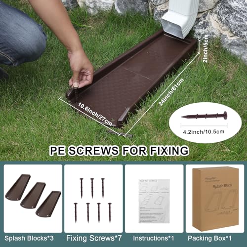 plusgutter Rain Gutter Downspout Splash Block, Gutter Downspout Extensions for Water Drainage, 24" Gutter Splash Guards Downspout Extender, Fixable Down spout Drain Trays with PE Nails(3 Pack, Brown) - color: Brown