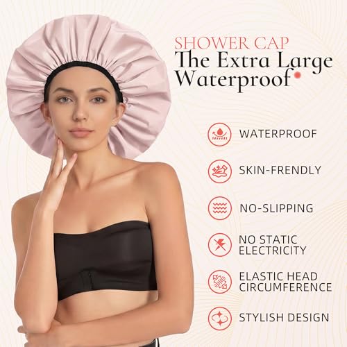 Extra Large Shower Cap for Women, Reusable Waterproof Shower Bonnet with Satin Lining, Double Layer Washable Bath Hair Cap for Braids, Locs, Long Thick Curly Hair, Natural Hair(Big Pink) - color: Pink