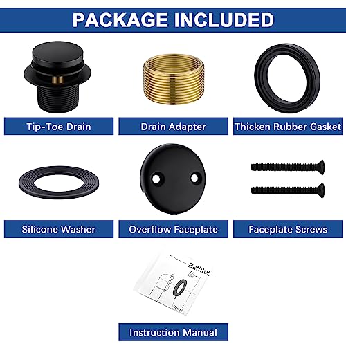 Brass Tip-Toe Tub Drain Kit, Matte Black Tub Drain and Overflow Kit with 2 Hole - color: Black, style: 2-hole