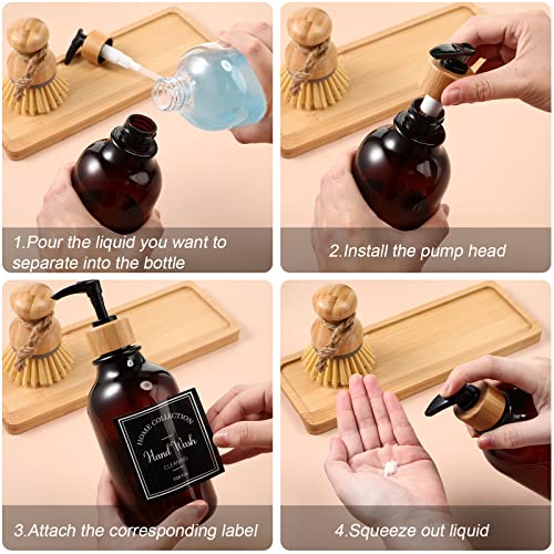 Zopeal 4 Pcs Kitchen Soap Dispenser Set with Bamboo Tray and Dish Brush Plastic Soap Dispenser Set with Waterproof Labels for Hand Dish Lotion(Brown) - color: Brown
