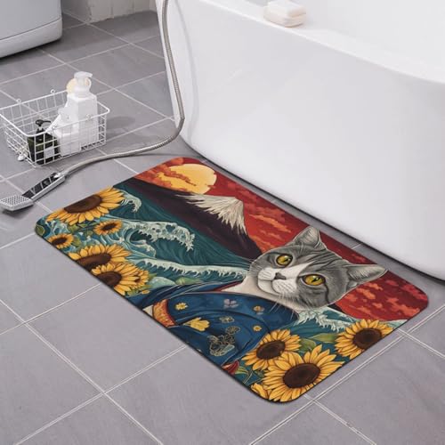 Japanese Waves Cat Bath mats Quick Dry Absorbent Bath Rugs Rubber Non Slip Bath Mat for Bathroom Floor Tub Shower Sink 16"×24" - color: Japanese Waves, size: 16"x24"
