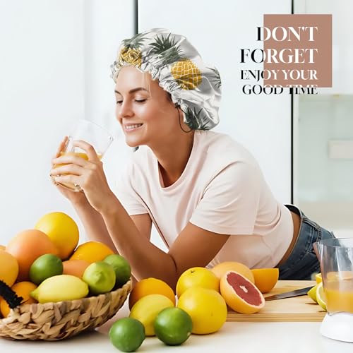 Luxury Shower Cap Adjustable Reusable Double Waterproof Layer Elastic Satin Lined Hair Bath Cap Cute Aesthetic Women Girls (K11-Pineapple) - color: K11-Pineapple