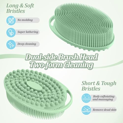 Silicone Back/Body/Face Scrubber & Soft Bath Glove Set 4PCS, Gentle Exfoliating Back & Body Scrubber with Dual-Side Brush Head, Hand-fit Bath Glove & Face Scrubber for Deep Cleaning(Green-4PC) - color: Green*4