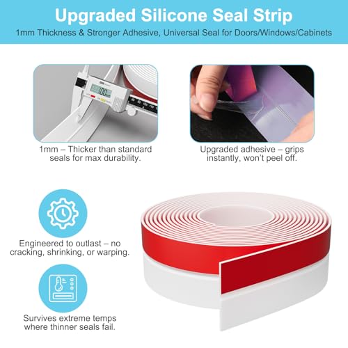 Elvone Weather Stripping Door Seal for Door Frames, 20 Ft x 1 in, White | Self-adhesive flexible silicone seal tape for door frame gaps and window gaps. block drafts, dust, and noise - color: White, size: 20ft (2" W x 3/64 "T)