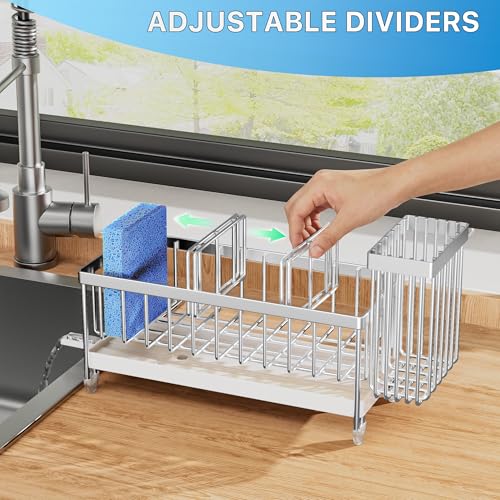 Cisily Sponge Holder for Kitchen Sink, Sink Caddy Organizer with High Brush Holder, Kitchen Countertop Organizers and Storage Essentials, Rustproof 304 Stainless Steel (Silver, 9.25″) - color: Silver - 9.25″
