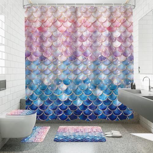 4 PCS Mermaid Scales Shower Curtain Set 72Wx72H Colorful Kids Ocean Sea Bathroom Set Non-Slip Bath Rug Toilet Lid Cover U Shape Mat Complete Bathtub Accessories with 12 Hooks Bathroom Decor - color: H Mermaid, size: 72"W x 72"L (Pack of 4)
