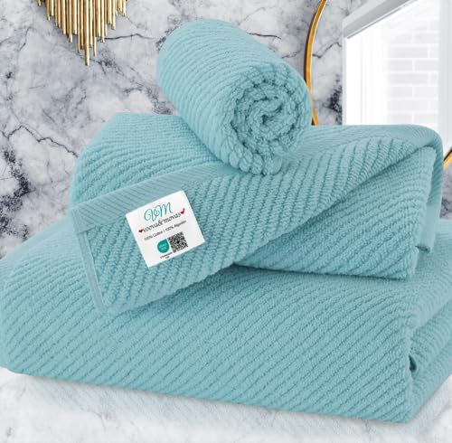 VOOVA & MOVAS Bathroom Towels Set, 100% Cotton | Quick Dry | Soft | Thick, 3 Piece Towel Set, 1 Large Bath 30" x 56", 1 Hand 18" x 28", 1 Wash Cloth 13" x 13", Bathroom Essentials, Aqua Teal - color: Jack Frost- Aqua Teal, size: 3 PC Bathroom Towel Set