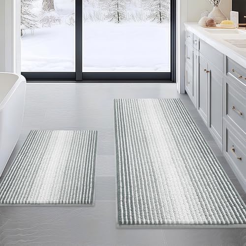 BSICPRO Bathroom Rugs and Mats Sets, 2 Piece Thick Absorbent Chenille Non Slip, Soft Shaggy Floor Mats, Machine Washable (Light Gray, 20" x 47" Plus 16" x 24") - color: Light Gray, size: 20" x 47" Plus 16" x 24"