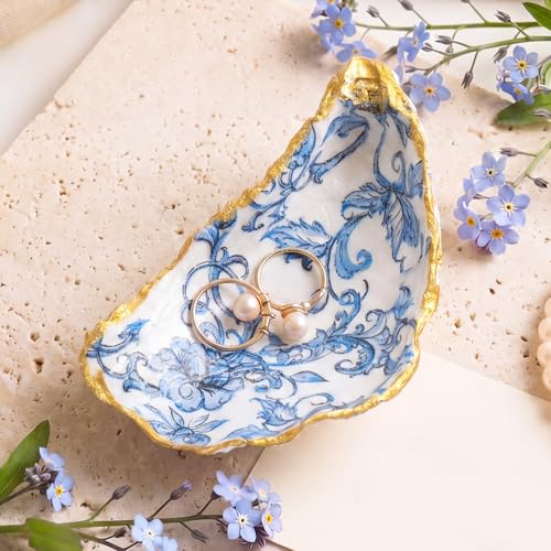 Natural Oyster Ring Trinket Dish Vintage Jewelry Tray for Keys Small Jewelry Holder for Bridal Shower Favors Friends Sisters Daughter Mother Gift Seaside Decor(Floral Scroll) - style: Floral Scroll