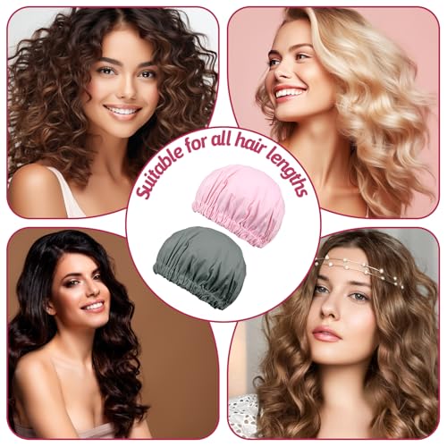 2 Pcs Reusable Shower Cap for Women Reusable Waterproof Large Shower Bonnet Washable Elastic Band Bath Hair Hat Double Layer Showers Caps Soft Non-Slip Washable Showers Bonnet for Most Hair Types