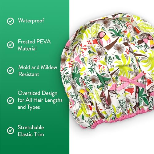 Reusable Bath & Shower Cap Lined, Oversized Waterproof Shower Caps Large Designed for all Hair Lengths with PEVA Lining & Elastic Band Stretch Hem Hair Hat - Fashionista Tropical - color: Tropical