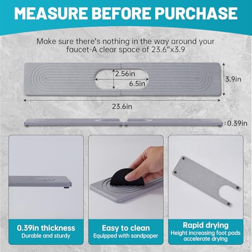 Stone Faucet Mat for Kitchen Sink Oval Hole Bathroom sink splash guard | Water-Absorbing Diatomite Stone Drying Mat & Sink Protectors Absorbent Stone Tray for Bathroom Counter, Oval Hole 6.5" x 2.5" - color: Gray