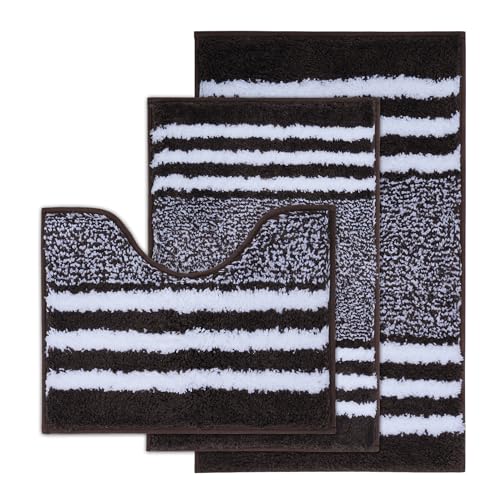3-Piece Striped Bathroom Rug Set with U-Shaped Toilet Rug, Non-Slip Rubber Bottom, Soft Absorbent Microfiber, Quick Dry, Ultra Soft, Bath Mats for Tub (Chocolate) - color: Chocolate