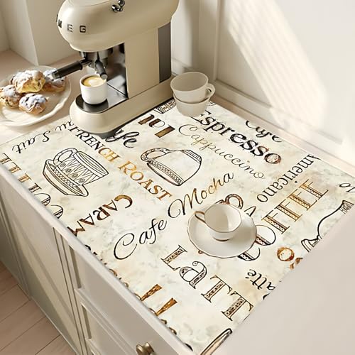2Pcs Dish Drying Mats Faucet Mats Sets Large Size Coffee Mats Sink Faucet Mat Splash Guard for Kitchen Counter Bathroom Sink Coffee Bar Kitchen Decor (Retro Coffee, 18"x24" 15" x 5.5"Set) - color: Retro Coffee