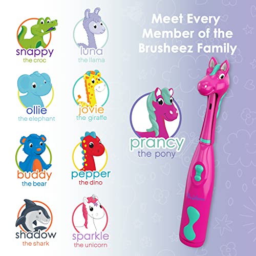 Brusheez Kids’ Electric Toothbrush Set - Safe & Effective for Ages 3+ - Parent Tested & Approved with Gentle Bristles, 2 Brush Heads, Rinse Cup, 2-Minute Timer, & Storage Base (Prancy the Pony) - color: Prancy the Pony