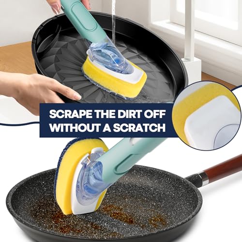 Dish Brush with Soap Dispenser Storage Set with 2 PCS Sponge Refills & Holder, Soap Dispensing Dish Brushes, Sponge with Soap Dispenser Handle, Dish Sponges with Handle for Dishes Pans Pots Sink - color: Blue