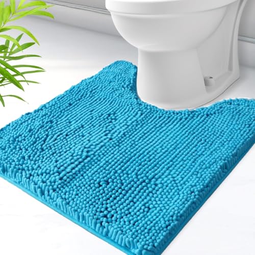 U-Shaped Toilet Rug, Chenille Contour Bathroom Mat, Non-Slip PVC Backing, Machine Washable, 24x20, Turquoise - color: Turquoise, size: 1'8" x 2' (20"x 24"U)