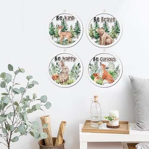 HPNIUB Woodland Nursery Wall Decor, Inspirational Girl Room Hanging Sign, 4 Pieces 10''x10'' Jungle Animals Wooden Decoration for Kids, Cartoon Fox Bear Art Sign for Teens Toddler Boy Baby Playroom - color: Woodland Animals