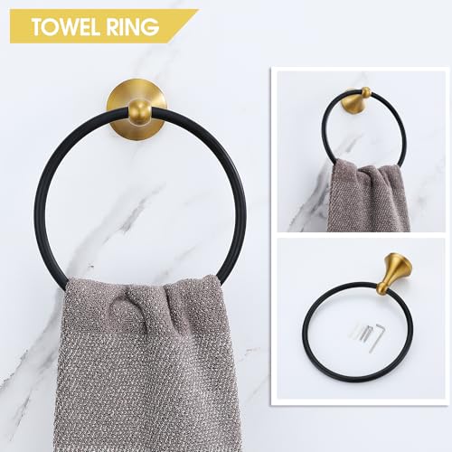 Brushed Gold and Black Bathroom Hardware Set, 4-Piece Black and Gold Bathroom Accessories Kit Stainless Steel 23.6 Inch Towel Bar | Towel Hook | Toilet Paper Holder | Hand Towel Holder - color: Black and Gold