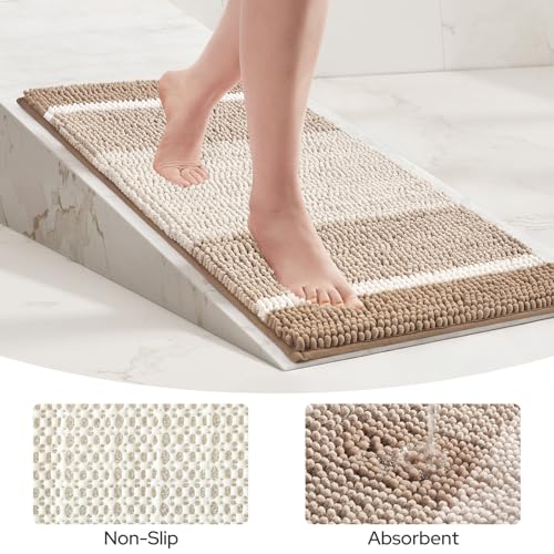 HOMEIDEAS Beige Bathroom Rugs Set of 2, Thick Absorbent Chenille Bath Mats, Non-Slip Soft Shaggy Rugs for Bathroom Floor, 20" x 32" & 17" x 24" - color: Beige