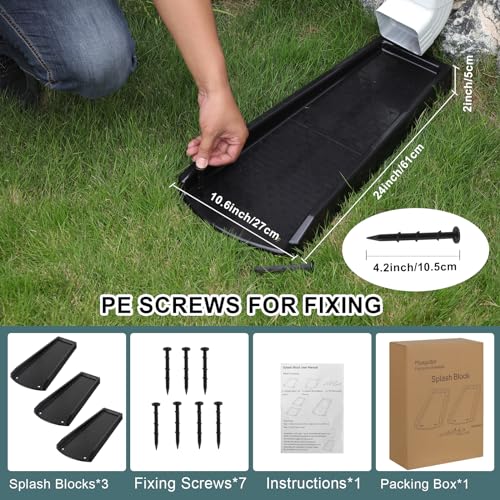 plusgutter Rain Gutter Downspout Splash Block, Gutter Downspout Extensions for Water Drainage, 24" Gutter Splash Guards Downspout Extender, Fixable Down spout Drain Trays with PE Nails(3 Pack, Black) - color: Black
