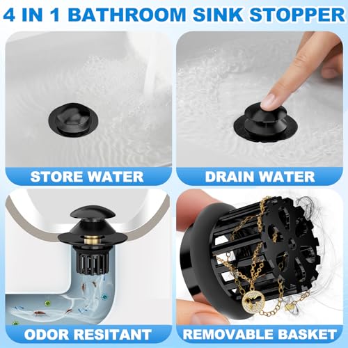 Universal 3 in 1 Bathroom Sink Drain Strainer,Pop Up Bathroom Sink Stopper with Removable Filter Basket,Sink Hair Catcher,Bathroom Drain Stopper Sink Plug for 1.1"-1.65" Basin Drain Holes Black - color: Black