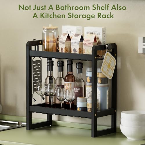 AmazerBath Bamboo Over The Toilet Storage Shelf - 2-Tier Bathroom Organizers and Storage Shelves, 2 in 1 Dual Stable Above Over Toilet Bathrooms Shelf Home Storages Rack for Small Bathroom, Black - color: Black, size: 2-Tier