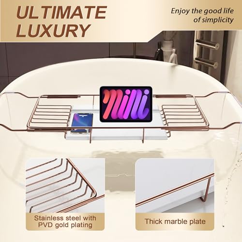 BVL Bathtub Tray Stainless Steel with Marble Base Rose Gold Bathtub Tray with White Marble Base Adjustable & Rustproof Bath Caddy for Spa, Relaxation, Bath Bombs - color: Rose Gold