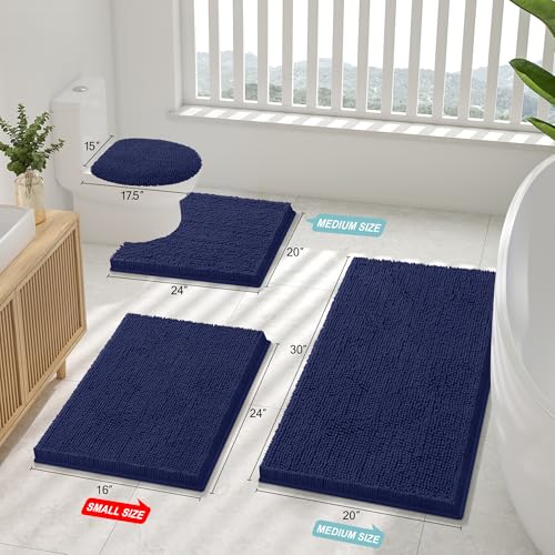 Smiry Bathroom Rugs Set 2 Piece, Soft Absorbent Chenille Bath Mat and U-Shaped Toilet Rug Set, Non Slip Shaggy Bath Carpet for Tub, Shower and Floor (30x20+24x20, Navy Blue) - color: Navy Blue, size: 30"x20"+ U Shape 24"x20"