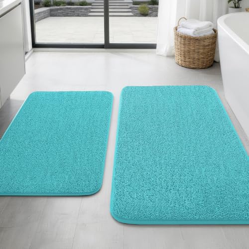 YIHOUSE Memory Foam Bathroom Rugs Sets 2 Piece - Extra Thick Soft Towel-Like Absorbent Bath Mat Set, Non Slip Machine Washable Bath Rugs Carpet for Bath, Tub & Shower (32"x20"+24"x17", Aqua) - color: Aqua, size: 1'5" x 2' (17"x24"+20"x32")