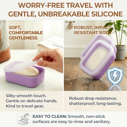 AIMAIAIMAI Enhanced Leak Proof Travel Soap Container, Compact Silicone Travel Soap Holder with Drainage Pad, Great for Camping, Gym and Business Trip (Purple) - color: Purple