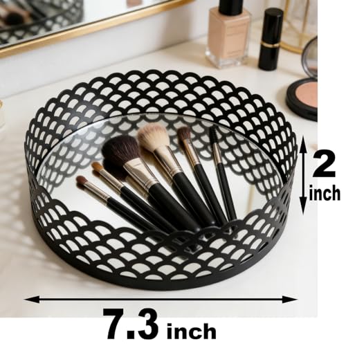 Black Metal Decorative Tray with Mirror Base - Round Vanity Tray for Makeup Brushes, Jewelry, Perfume, and Home Décor(7.3”X2”) - size: 7.3"