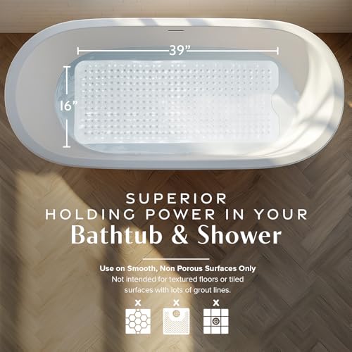 SlipX Solutions Power Grip Bathtub Safety Mat | Precision Grip Technology for Longer, Stronger, & Softer Wet Surface Protection | Solid White 39"x16" - color: Solid White