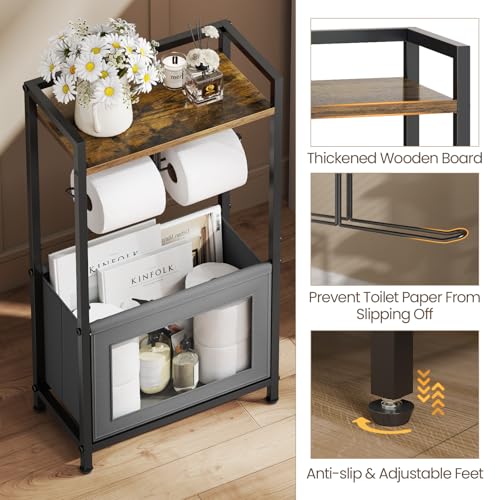 Toilet Paper Holder Free Standing with Storage Basket, Bathroom Tissue Holder Stand with Top Wood Shelf for Phones, Wet Wipes, Small Plants, Metal Toilet Paper Rack for Bathroom Organizer, Black
