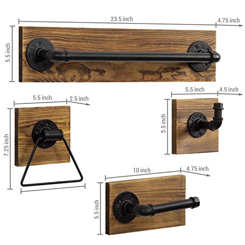 MyGift 4-Piece Bathroom Hardware Set Toilet Paper Holder with Burnt Wood and Industrial Matte Black Metal Pipe Includes, Towel Ring, Towel Bar and and Robe Hook - color: Burnt Wood
