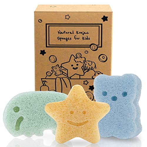myHomeBody Konjac Sponge, Bath loofah, 3pc, Elephant, Bear & Star | Natural Safe Plant-Based, Cute Shapes Bath Sponge for bathing, Shower Sponge for bath, Body Loofah, Shower Loofah, Face Luffa - color: Elephant,bear,star