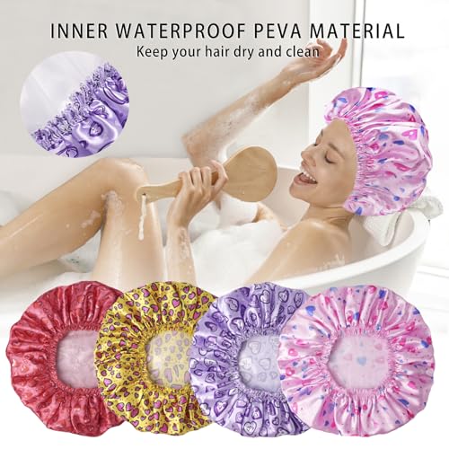4 PCS Shower Cap for Women, Elastic and Reusable Bath Caps, Double Layers Shower Caps Reusable Waterproof, Bathing Shower Caps, Environmental Bath Hair Protection Cap - Heart - color: Heart