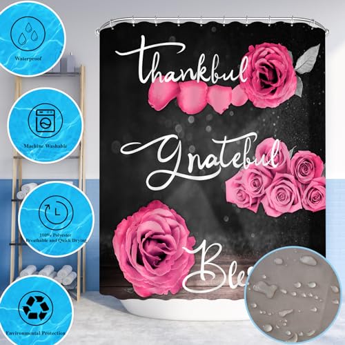 4Pcs Pink Rose Shower Curtain Sets, Thankful Grateful Blessed Bathroom Curtain with Non-Slip Rug, Toilet Lid Cover, Bath Mat and 12 Hooks, Romantic Showy Floral Wedding Decor for Bath, 72 x 72 inch - color: Pink