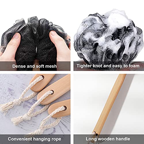 Loofah with Handle - Back Scrubber & Exfoliating Shower Sponge, PE Soft Mesh on a Wooden Stick for Men and Women(Black) - color: Black